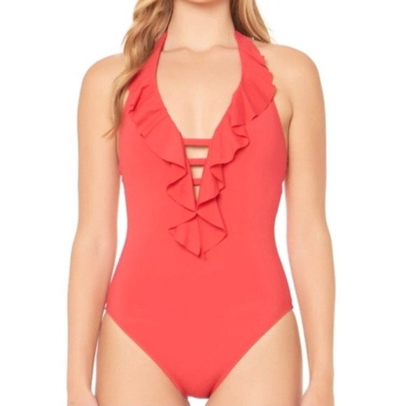 Bleu Rod Beattie Plunge Deep V Ruffle Halter Strappy One Piece Swimsuit 10 - Picture 2 of 12